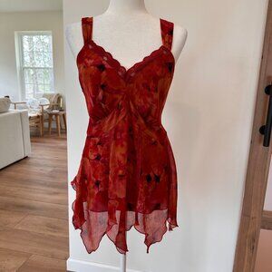Vintage 90s Y2K XL Babydoll Fairy Floral Witchy Sheer Lace Tie Back Top
